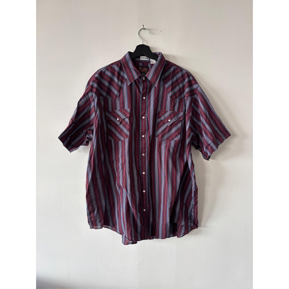 Vintage Plains Western Wear Shirt Mens 2XL‎ Red Blue Striped Pearl Snap Cowboy